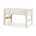 White wooden bed with a mattress on a white background