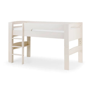 White wooden bed with a mattress on a white background