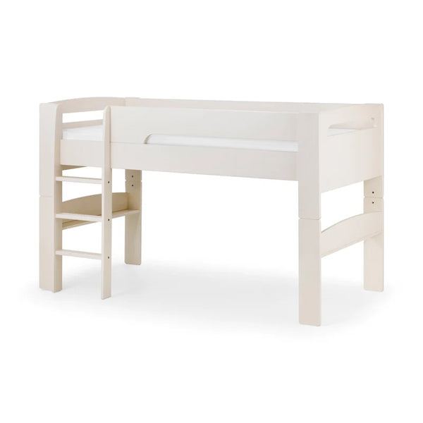 White wooden bed with a mattress on a white background