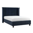 Navy blue bed frame with white mattress on a white background