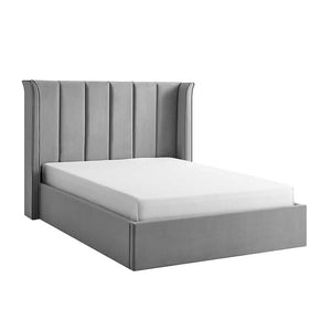 Gray upholstered bed with white mattress on a white background