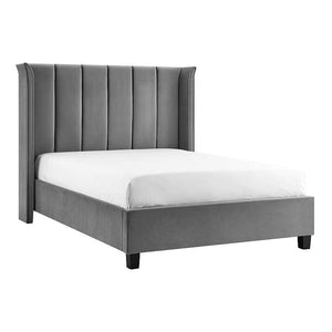 Gray upholstered bed with white mattress on a white background