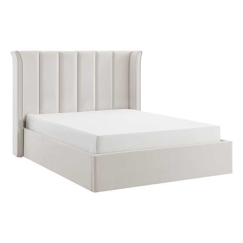 White upholstered bed with a tufted headboard on a white background