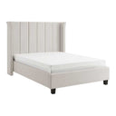 Beige upholstered bed with white mattress on a white background