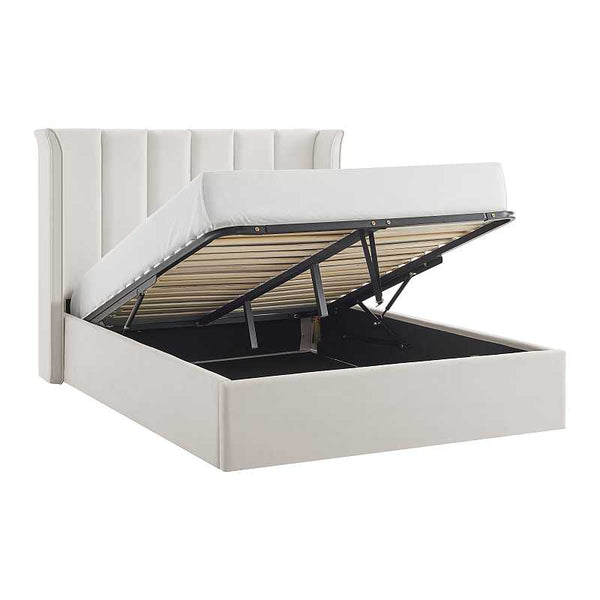 Beige upholstered bed with open storage compartment on a white background