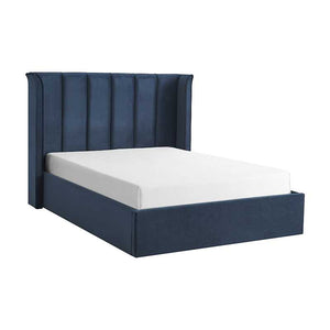 Navy blue bed frame with white mattress on a white background