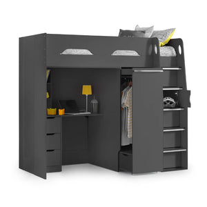 Anthracite loft bed with desk and storage drawers on a white background