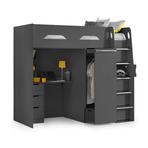 Anthracite loft bed with desk and storage drawers on a white background