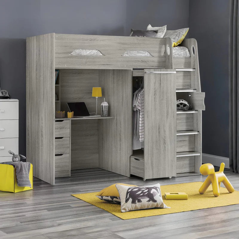 Gray wooden loft bed with desk and storage drawers on a white background