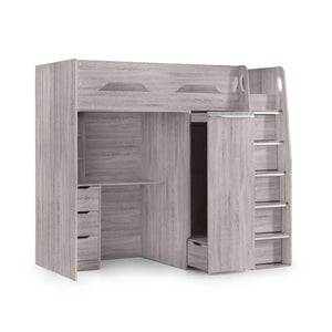 Gray wooden loft bed with desk and storage drawers on a white background