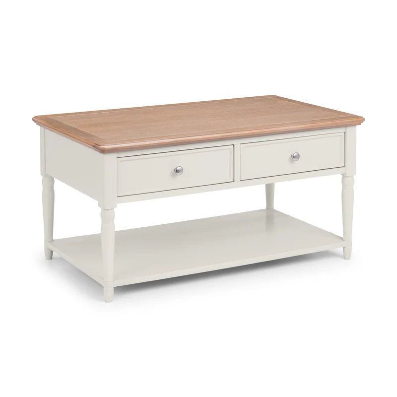 Wooden coffee table with white base on a white background
