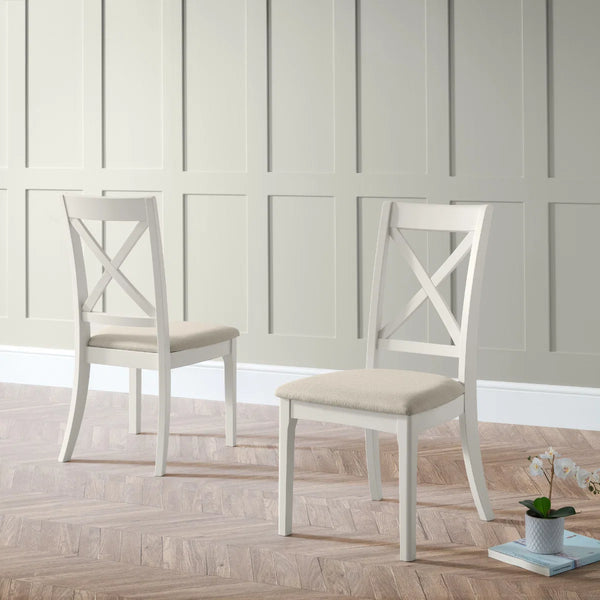 Two white chairs with beige cushions on a wooden floor against a paneled wall.