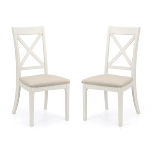 Two white chairs with beige seats on a white background