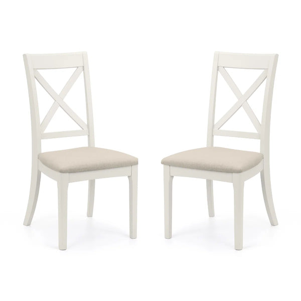 Two white chairs with beige seats on a white background