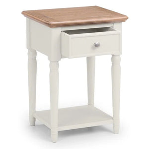 Small side table with wooden top and white base on a white background