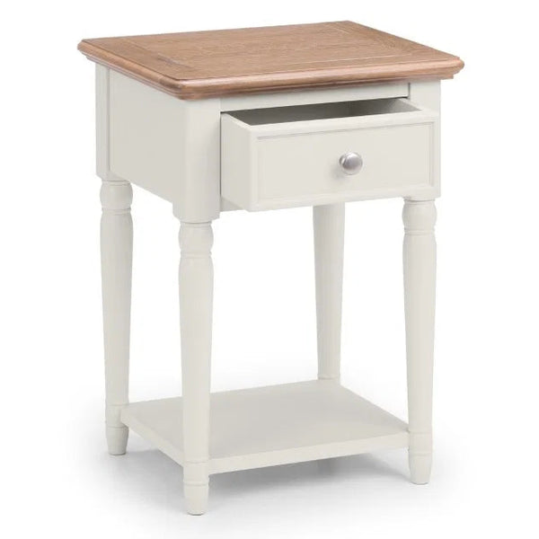 Small side table with wooden top and white base on a white background
