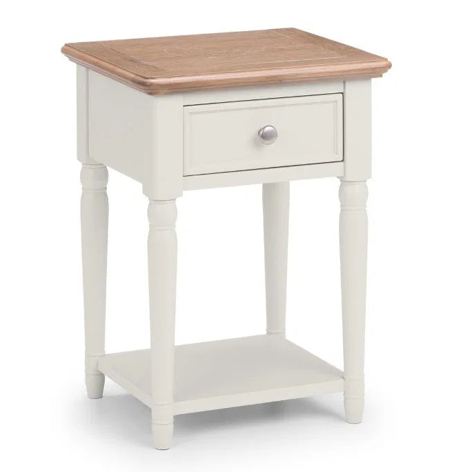 Small wooden side table with a white base on a white background