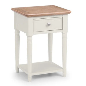 Small wooden side table with a white base on a white background