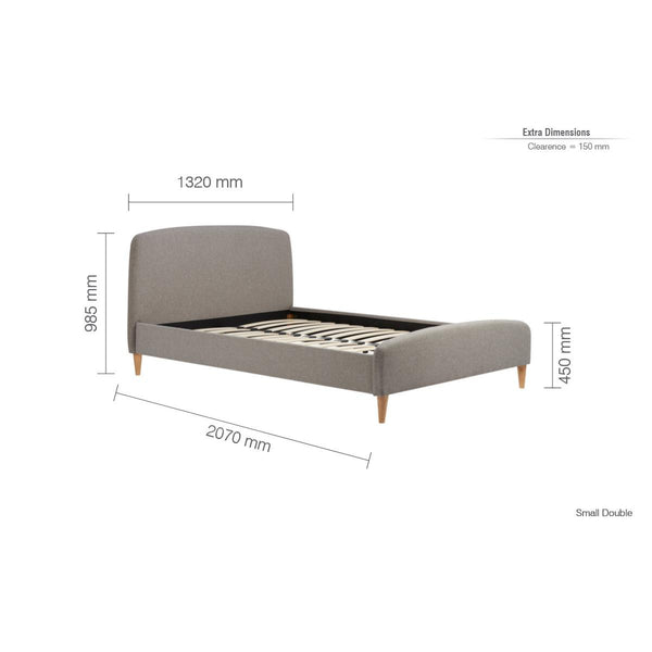 Gray upholstered bed with dimensions labeled on a white background