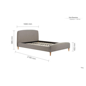 Gray upholstered bed with dimensions labeled on a white background