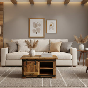 Cozy living room with beige sofa, wooden coffee table, and decorative elements.