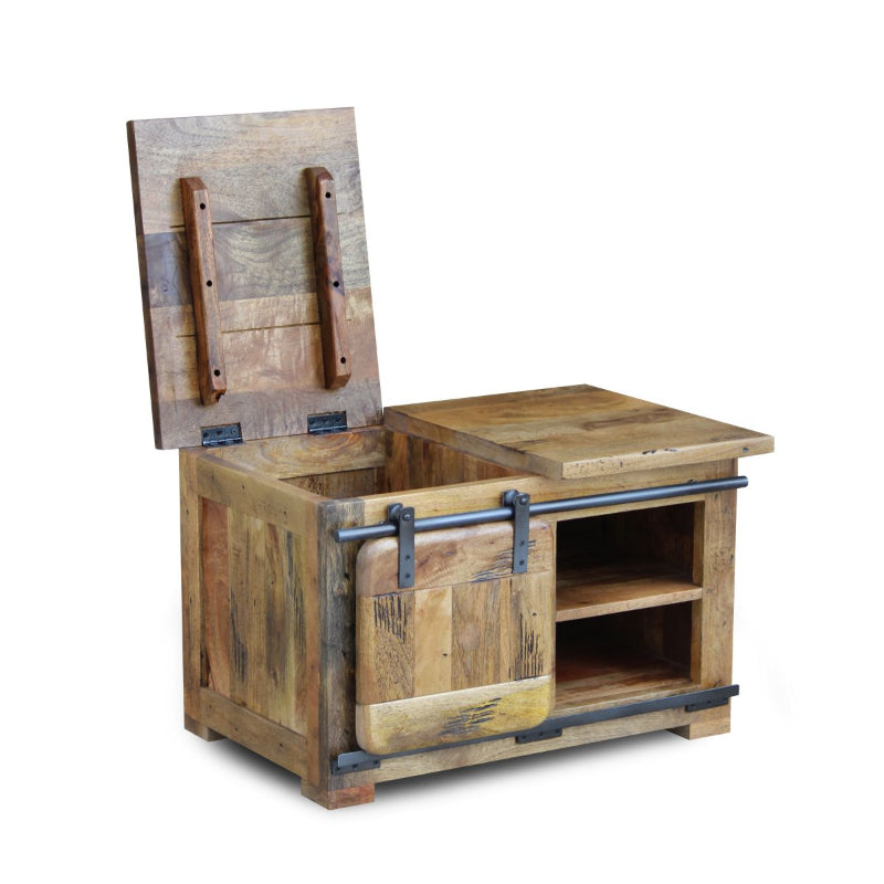 Wooden storage COFFEE TABLE with sliding door on a white background