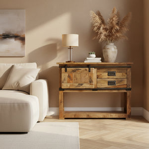 Rustic wooden console table with metal accents on a white background