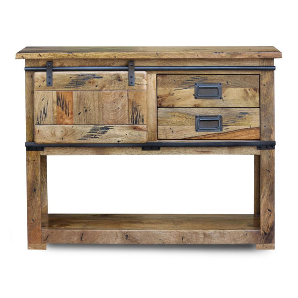 Rustic wooden console table with metal accents on a white background