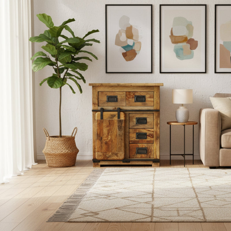 Wooden cabinet with two drawers and a sliding door on a white background