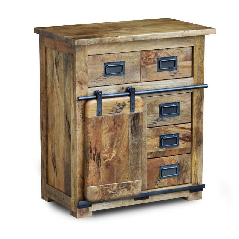 Wooden cabinet with two drawers and a sliding door on a white background