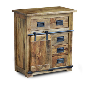 Wooden cabinet with two drawers and a sliding door on a white background
