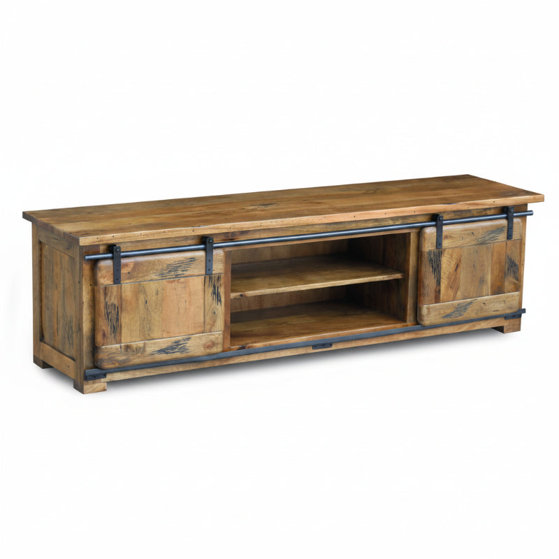 Wooden TV stand with metal accents on a white background