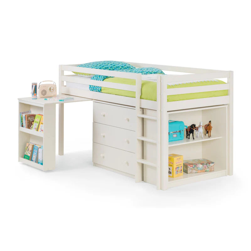 White children's bed with desk and shelves on a white background
