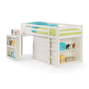 White children's bed with desk and shelves on a white background