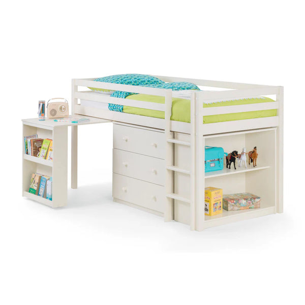 White children's bed with desk and shelves on a white background