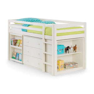 White children's bed with storage drawers and shelves on a white background