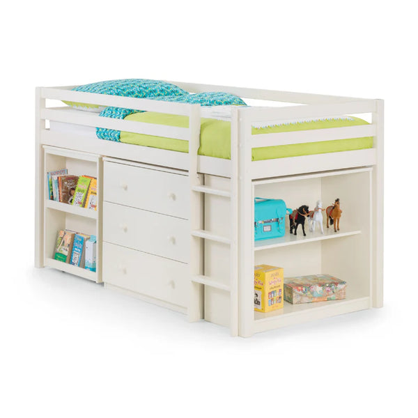 White children's bed with storage drawers and shelves on a white background
