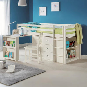 Children's room with a white loft bed, desk, and chair against a blue wall.