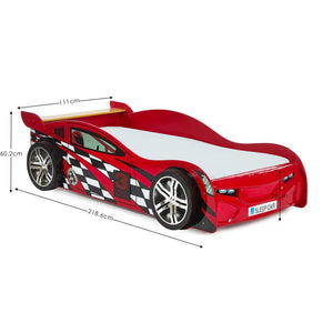 Red car-shaped bed with dimensions on a white background