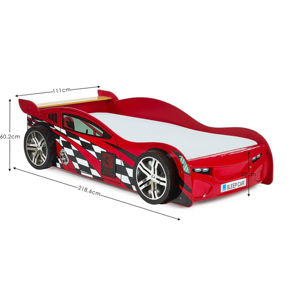 Red car-shaped bed with dimensions on a white background