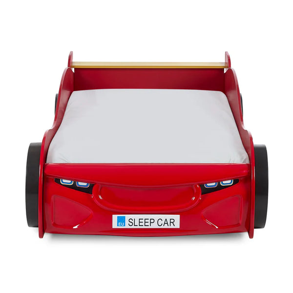 Red car-shaped bed with white mattress on a white background