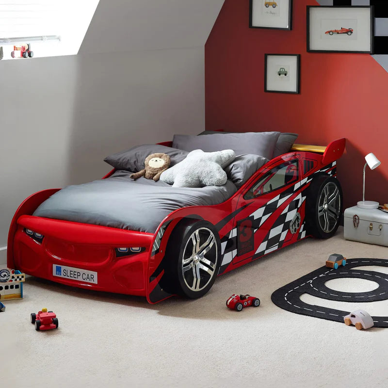 Red race car-themed bed with checkered pattern on a white background