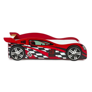 Red and black checkered car-shaped bed on a white background