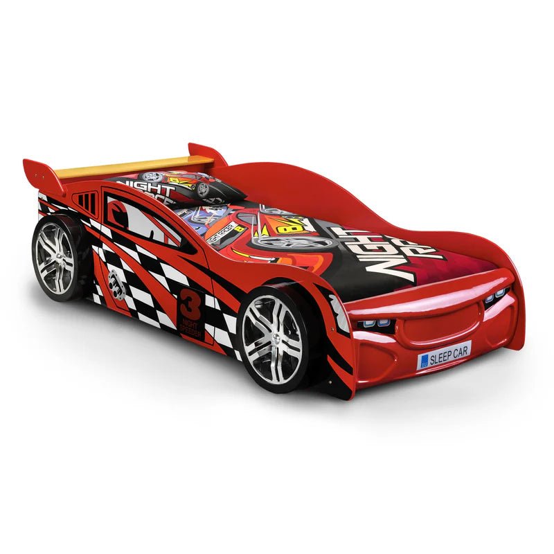 Red race car-themed bed with checkered pattern on a white background