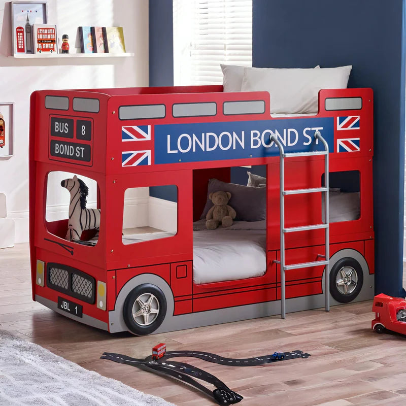 Red double-decker bus-shaped bunk bed with blue bedding and a teddy bear on a white background.