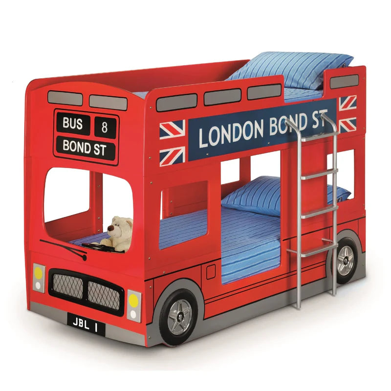 Red double-decker bus-shaped bunk bed with blue bedding and a teddy bear on a white background.