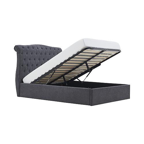 Gray upholstered bed frame with open storage compartment on a white background