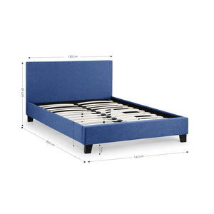 Blue bed frame with dimensions on a white background