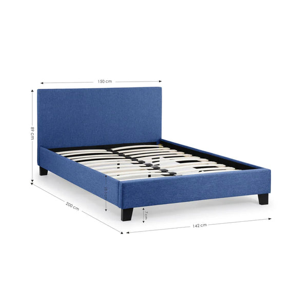 Blue bed frame with dimensions on a white background