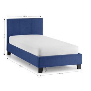 Blue bed frame with white mattress and dimensions on a white background